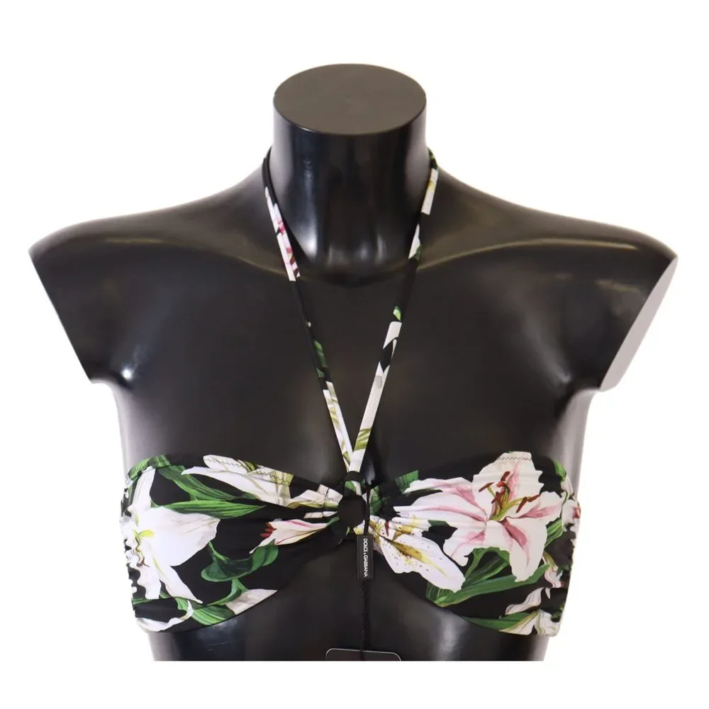 Dolce & Gabbana Black Lily Print Swimsuit Bikini Top Swimwear